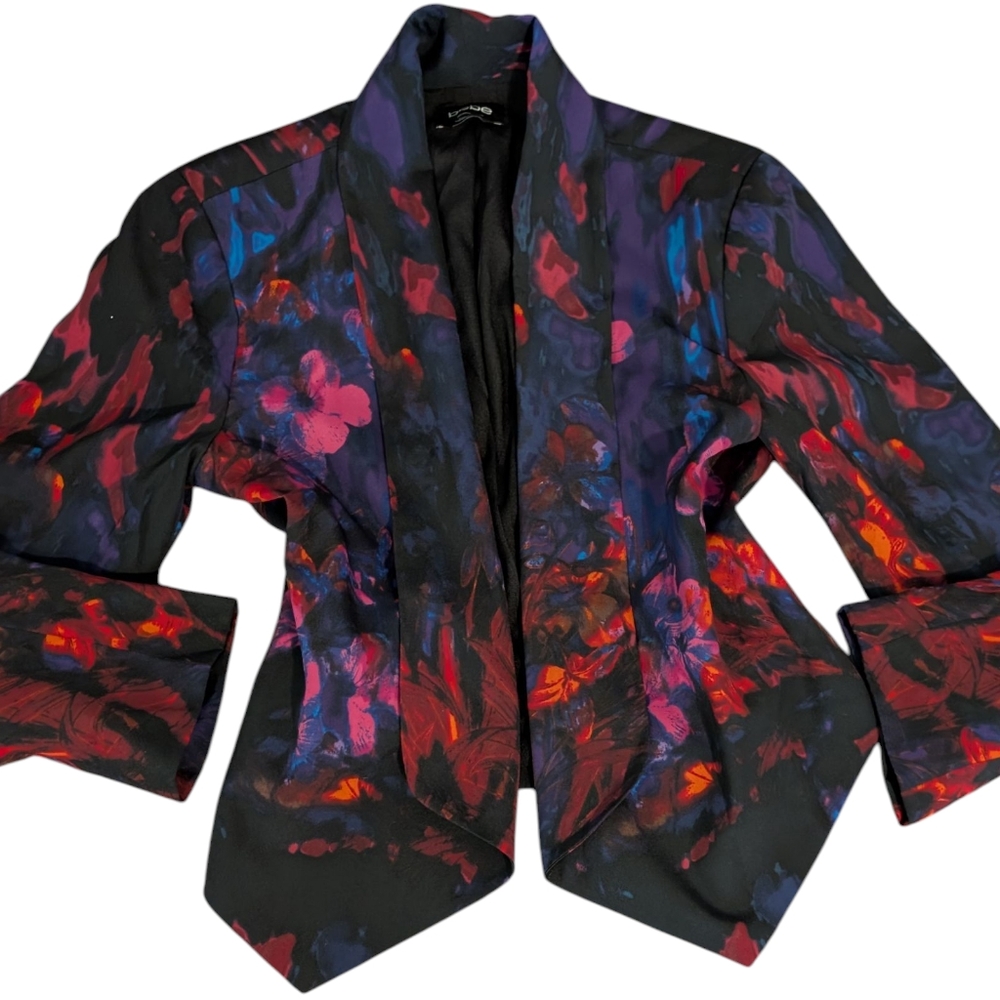 Bebe Women's Multi Color Black Floral Print Open Front‎ Shawl Jacket Blazer